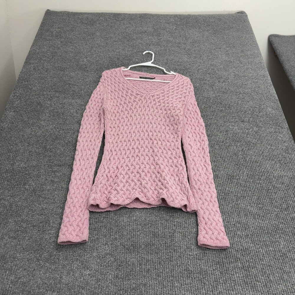 Irelandseye Sweater Womens M Pink Virgin Wool Cable Knit V Neck Classic Casual